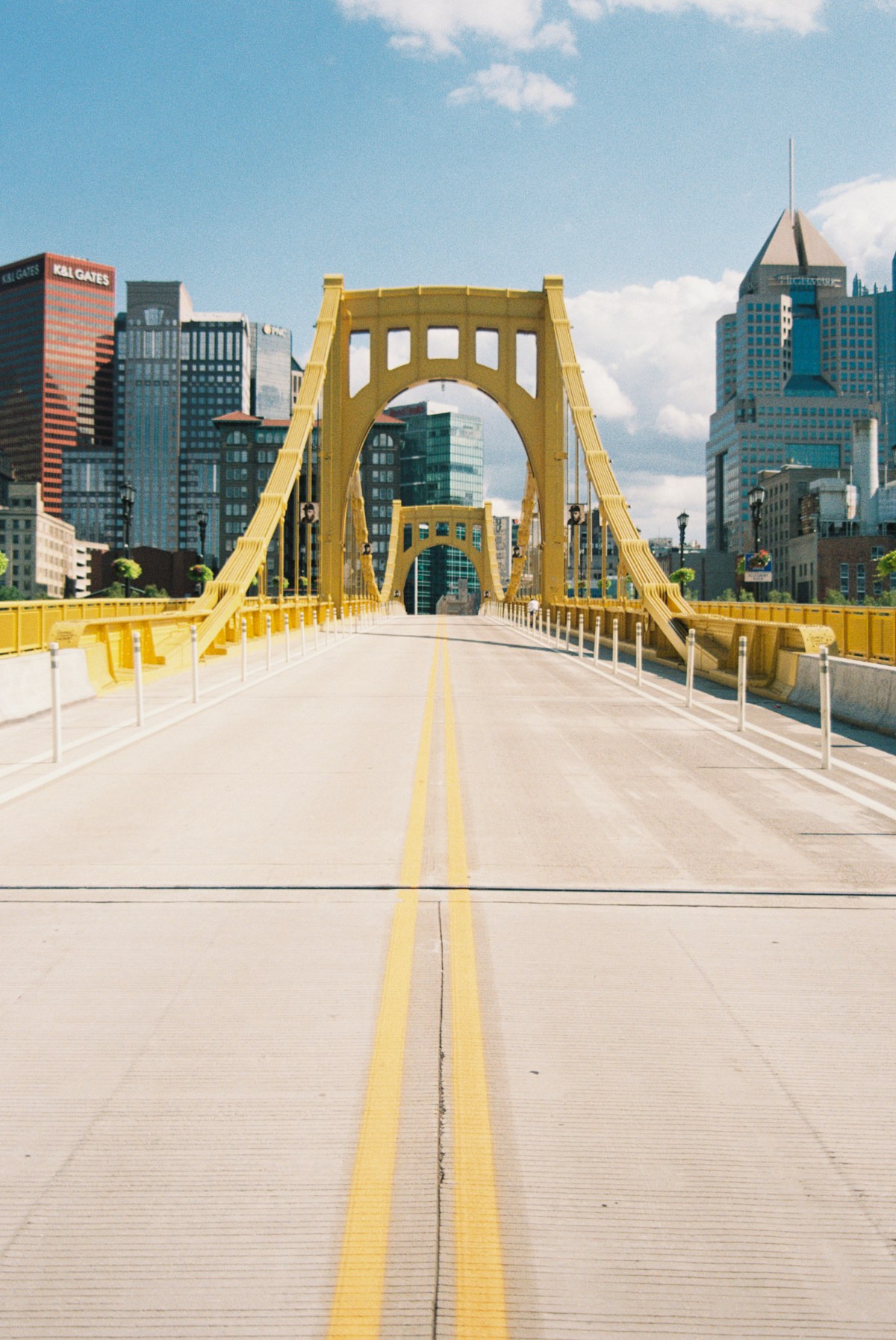 Yellow bridge with Pittsburgh skyline